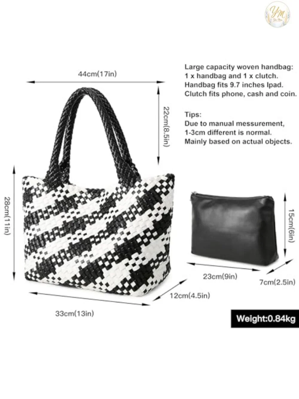 Woven Top Handle Tote Bag Vegan Leather Handbag with Clutch